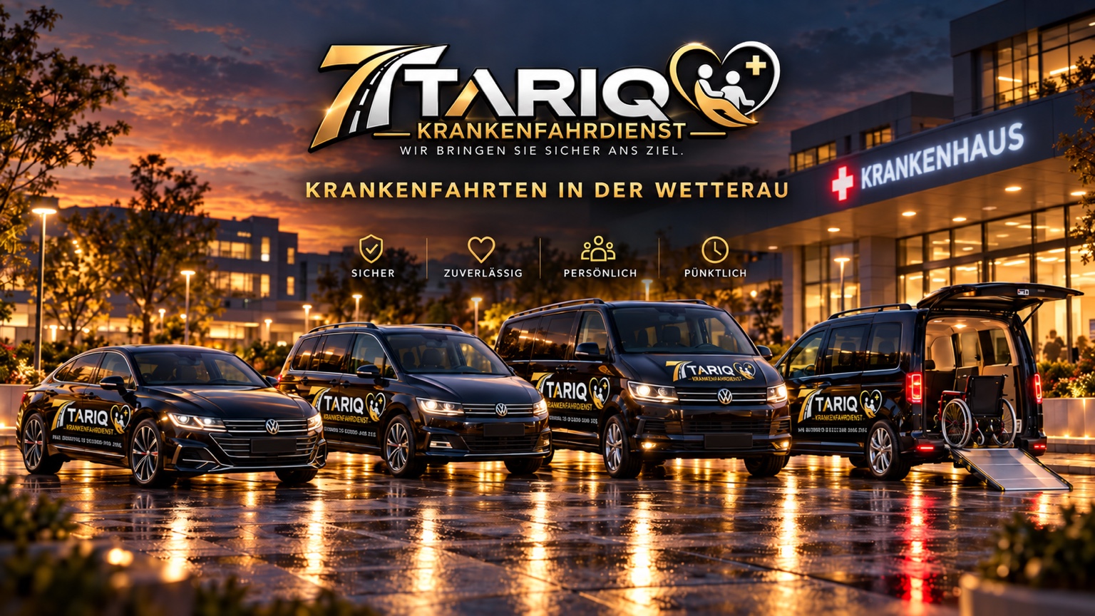 TARIQ Krankenfahrdienst VW-Flotte vor einem Krankenhaus