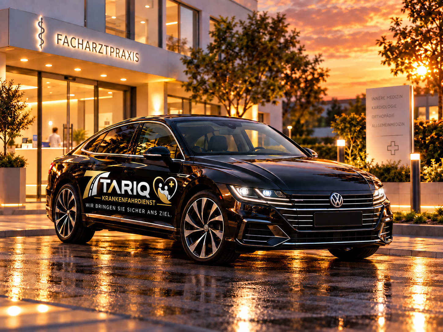 VW Arteon von TARIQ Fahrdienst vor einer Facharztpraxis