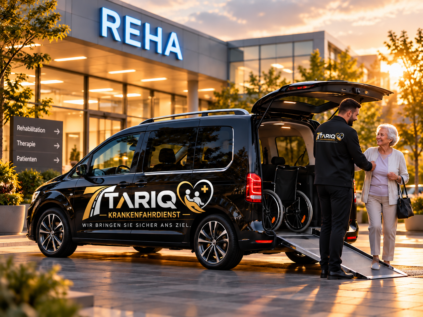 VW Caddy von TARIQ Krankenfahrdienst vor einer Reha-Einrichtung